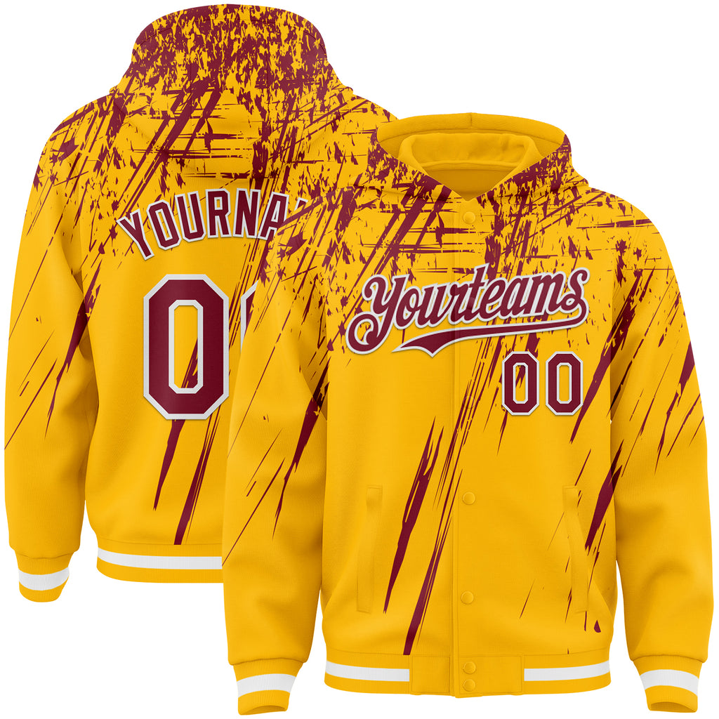 Custom Gold Crimson-White Splash 3D Pattern Design Bomber Full-Snap Varsity Letterman Hoodie Jacket