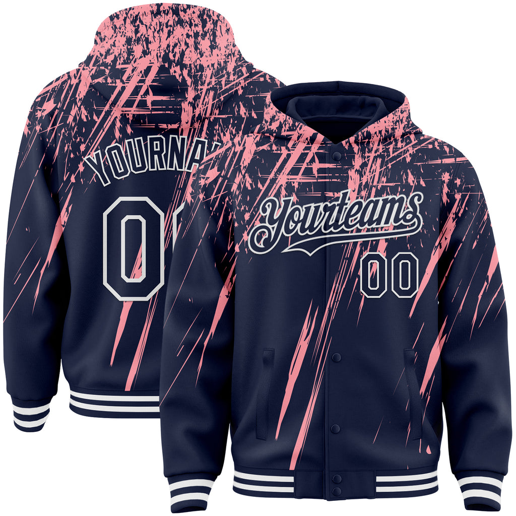 Custom Navy Medium Pink-White Splash 3D Pattern Design Bomber Full-Snap Varsity Letterman Hoodie Jacket