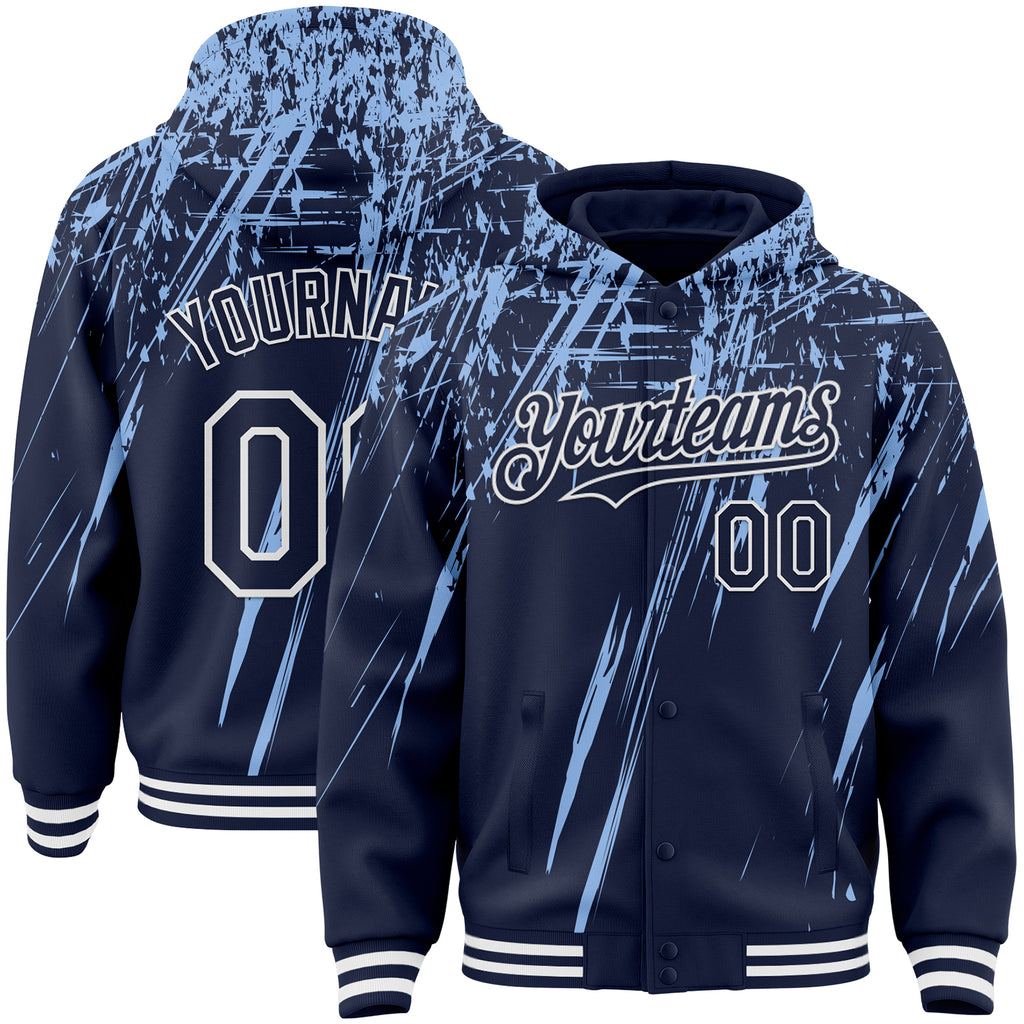 Custom Navy Light Blue-White Splash 3D Pattern Design Bomber Full-Snap Varsity Letterman Hoodie Jacket