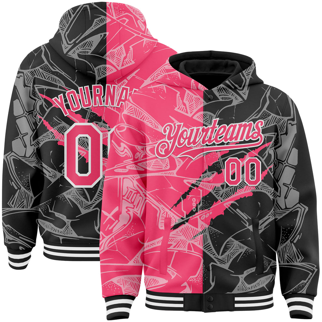 Custom Graffiti Pattern Neon Pink Black-White Scratch Bomber Full-Snap Varsity Letterman Hoodie Jacket