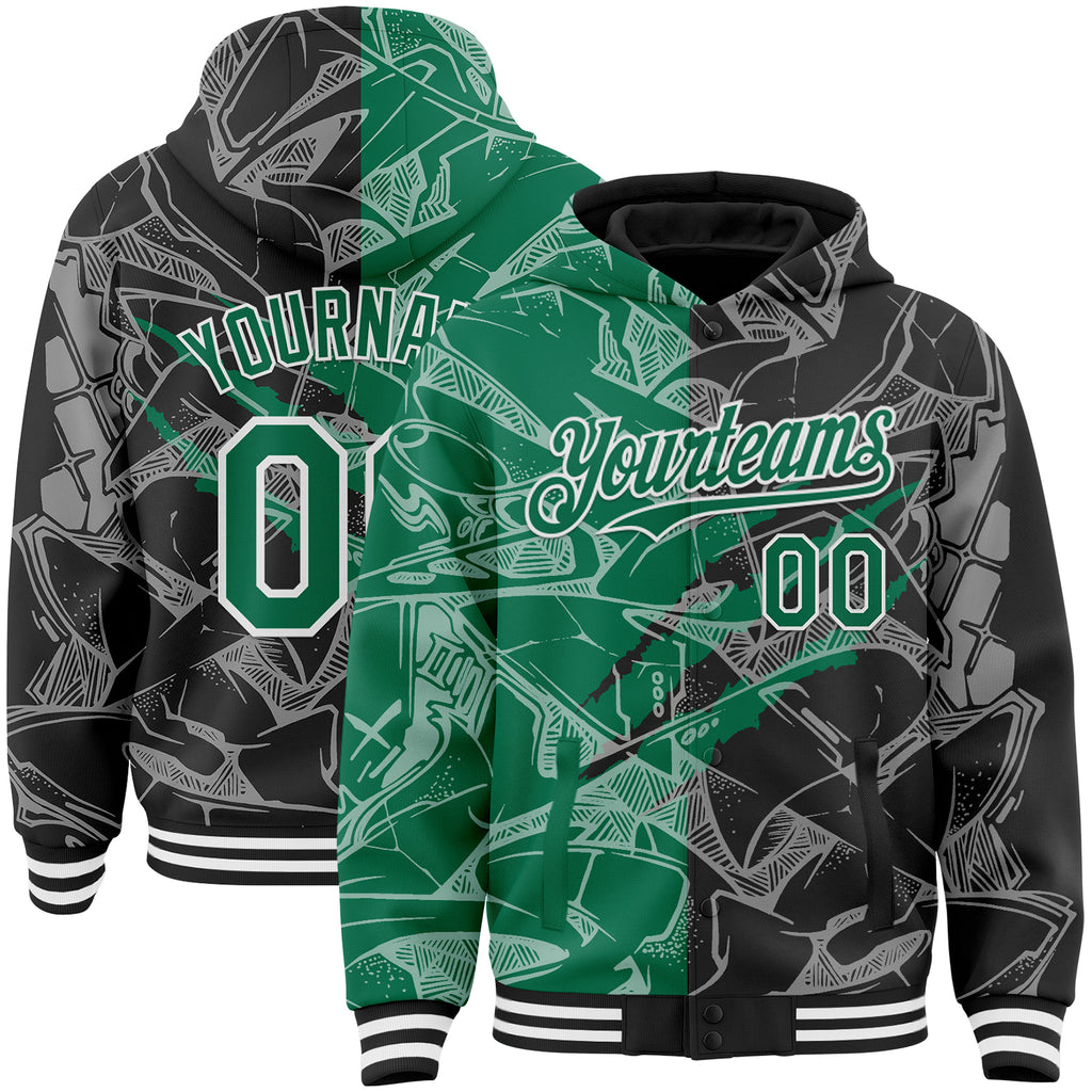 Custom Graffiti Pattern Kelly Green Black-White Scratch Bomber Full-Snap Varsity Letterman Hoodie Jacket