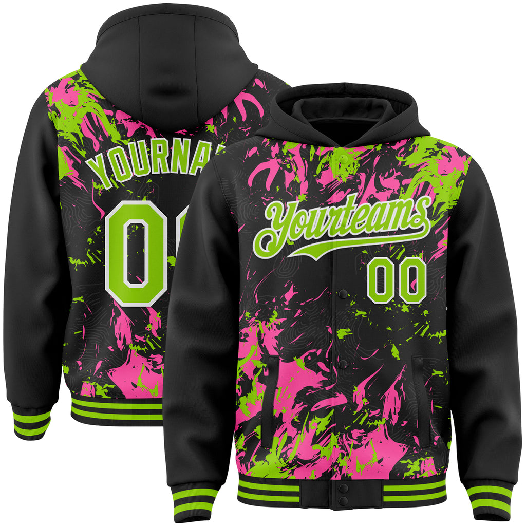 Custom Black Neon Green Pink-White Splash 3D Pattern Design Bomber Full-Snap Varsity Letterman Hoodie Jacket