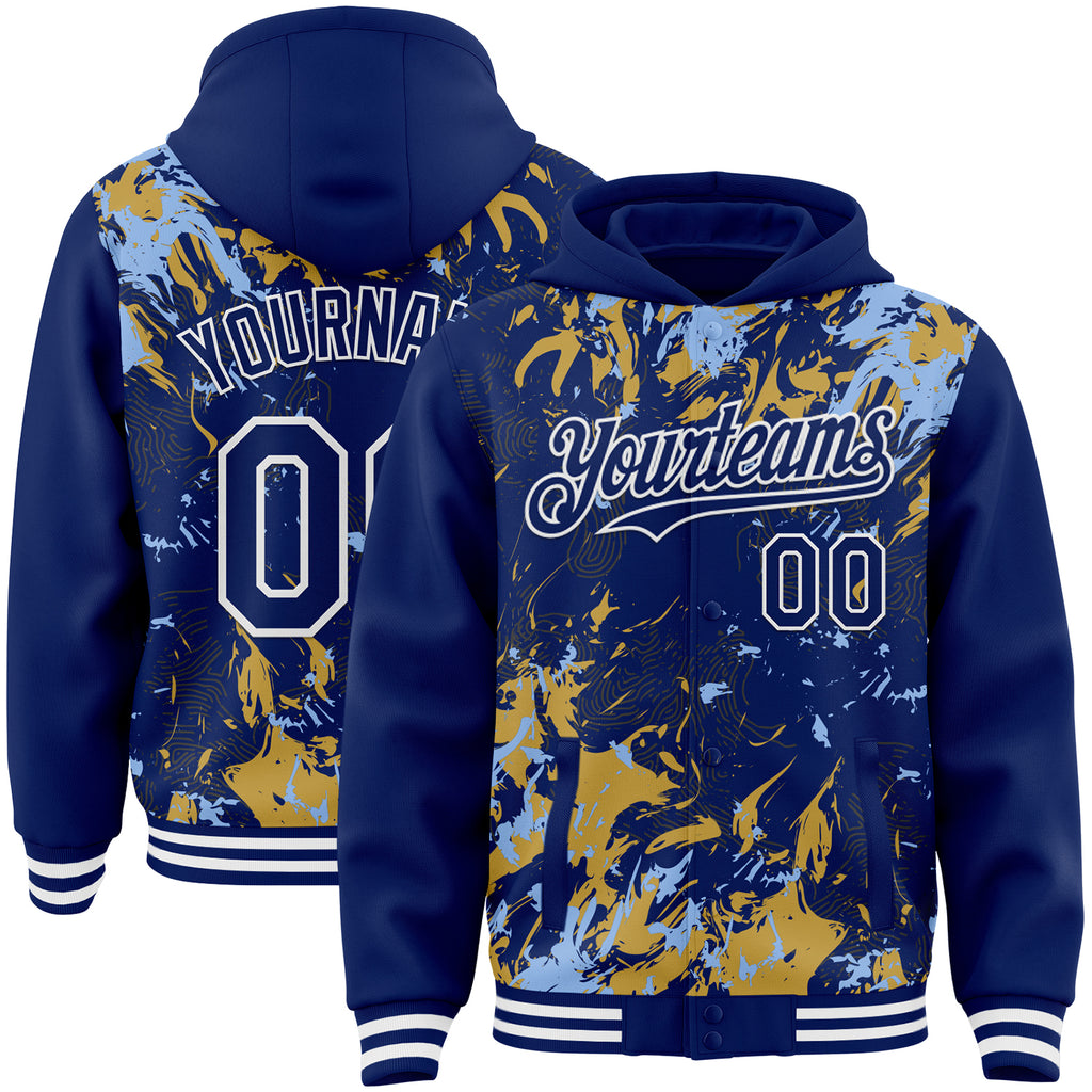 Custom Royal Light Blue Old Gold-White Splash 3D Pattern Design Bomber Full-Snap Varsity Letterman Hoodie Jacket