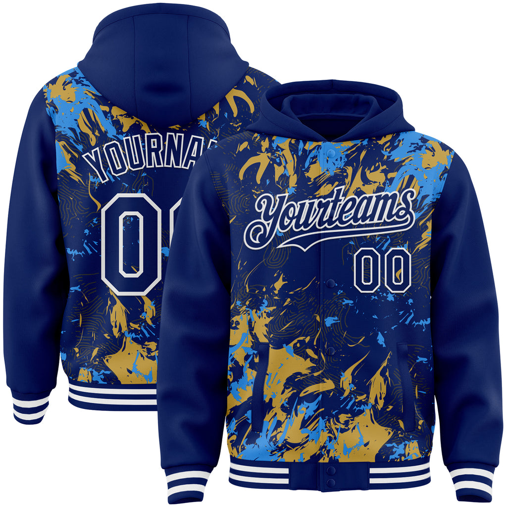 Custom Royal Powder Blue Old Gold-White Splash 3D Pattern Design Bomber Full-Snap Varsity Letterman Hoodie Jacket