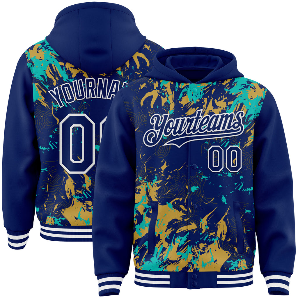 Custom Royal Aqua Old Gold-White Splash 3D Pattern Design Bomber Full-Snap Varsity Letterman Hoodie Jacket