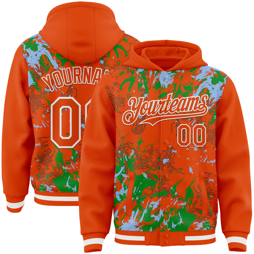 Custom Orange Light Blue Grass Green-White Splash 3D Pattern Design Bomber Full-Snap Varsity Letterman Hoodie Jacket