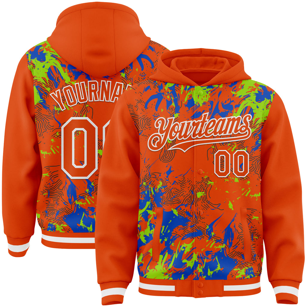 Custom Orange Neon Green Thunder Blue-White Splash 3D Pattern Design Bomber Full-Snap Varsity Letterman Hoodie Jacket
