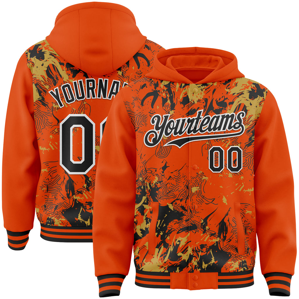 Custom Orange Black Old Gold-White Splash 3D Pattern Design Bomber Full-Snap Varsity Letterman Hoodie Jacket