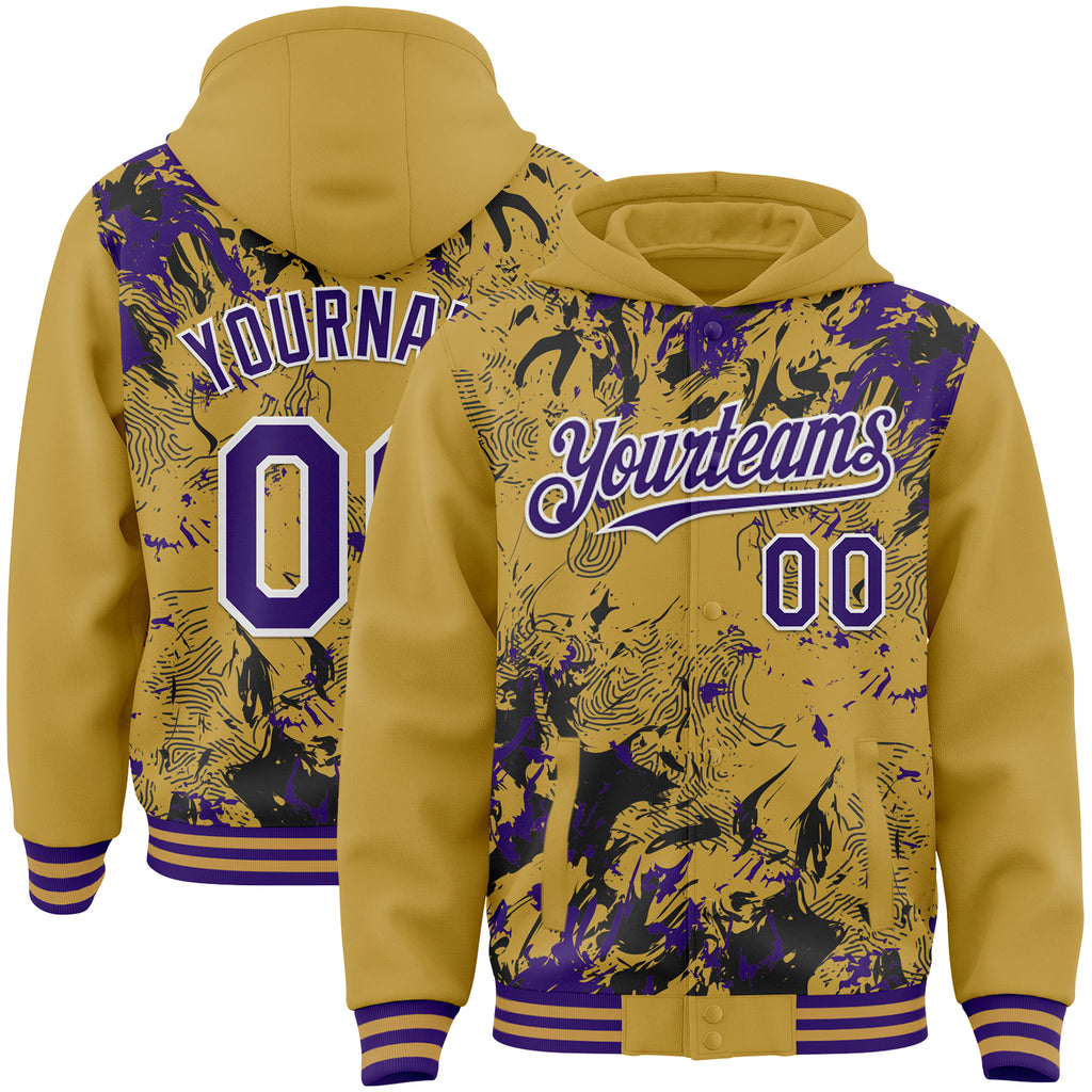 Custom Old Gold Purple Black-White Splash 3D Pattern Design Bomber Full-Snap Varsity Letterman Hoodie Jacket