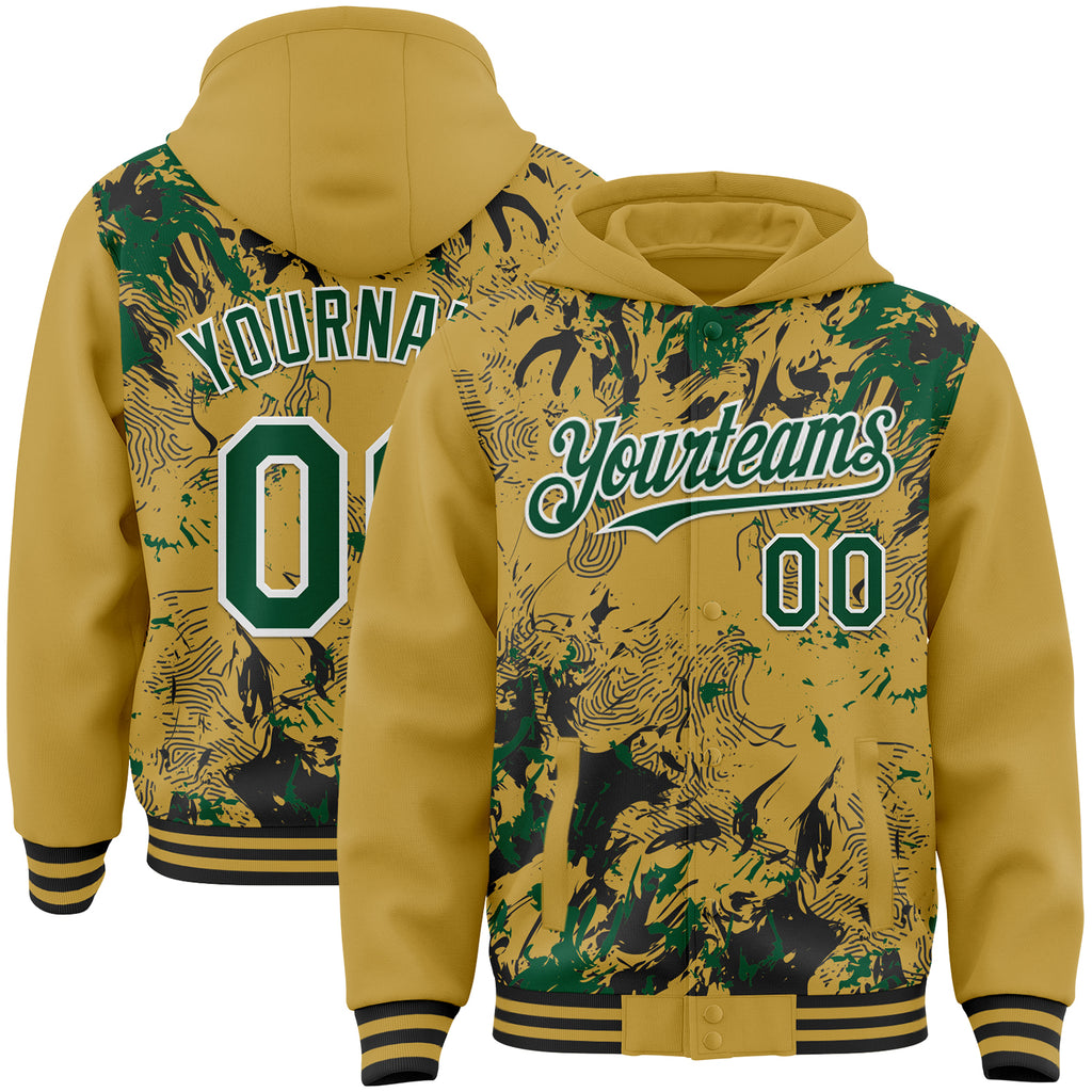 Custom Old Gold Kelly Green Black-White Splash 3D Pattern Design Bomber Full-Snap Varsity Letterman Hoodie Jacket