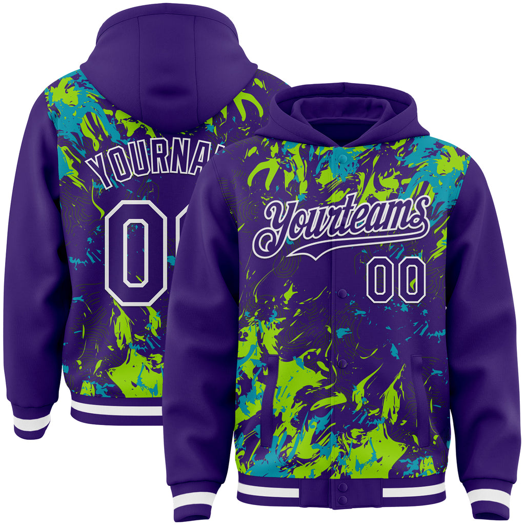 Custom Purple Teal Neon Green-White Splash 3D Pattern Design Bomber Full-Snap Varsity Letterman Hoodie Jacket