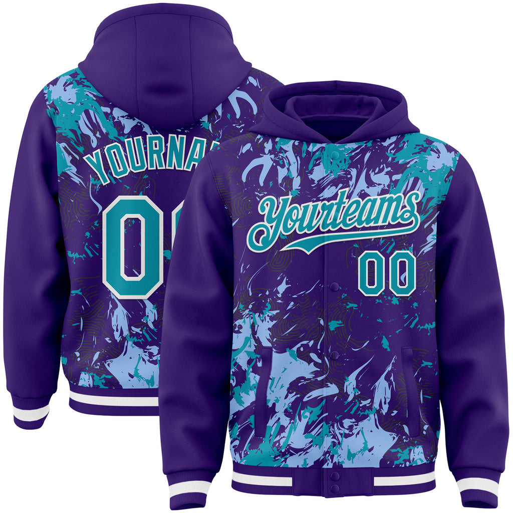 Custom Purple Teal Light Blue-White Splash 3D Pattern Design Bomber Full-Snap Varsity Letterman Hoodie Jacket