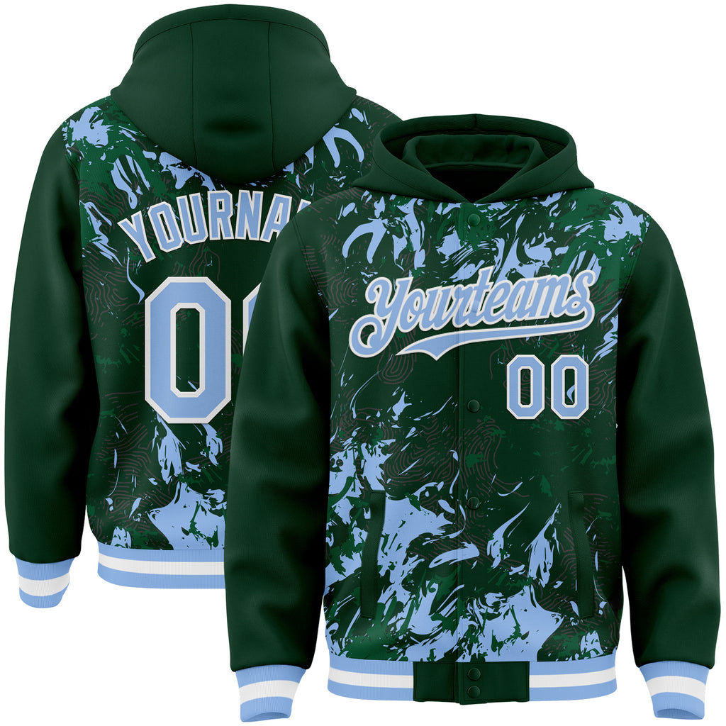 Custom Green Light Blue Kelly Green-White Splash 3D Pattern Design Bomber Full-Snap Varsity Letterman Hoodie Jacket