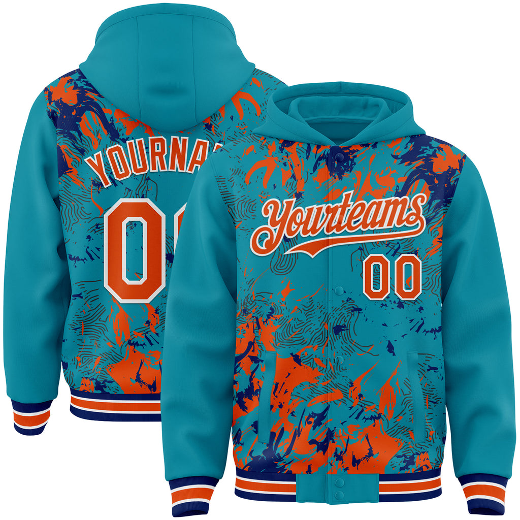 Custom Teal Orange Royal-White Splash 3D Pattern Design Bomber Full-Snap Varsity Letterman Hoodie Jacket