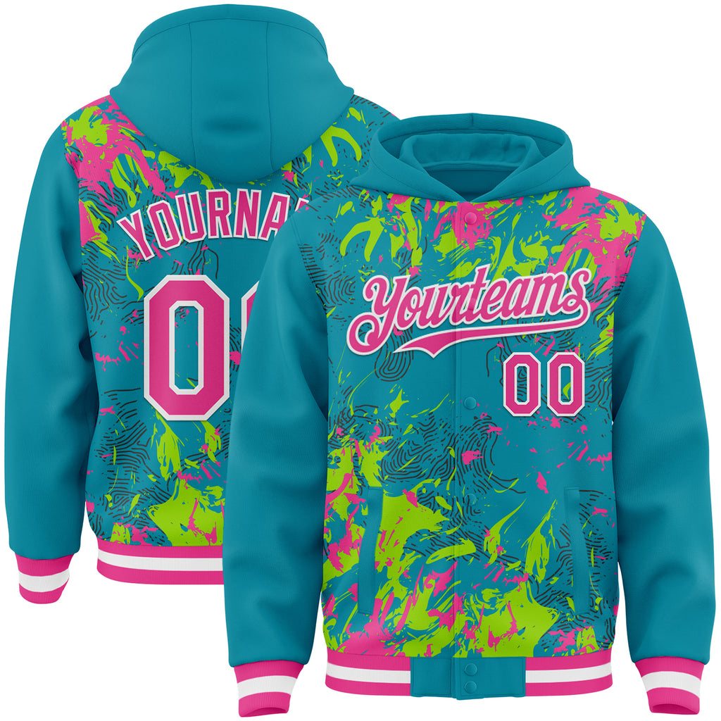 Custom Teal Pink Neon Green-White Splash 3D Pattern Design Bomber Full-Snap Varsity Letterman Hoodie Jacket