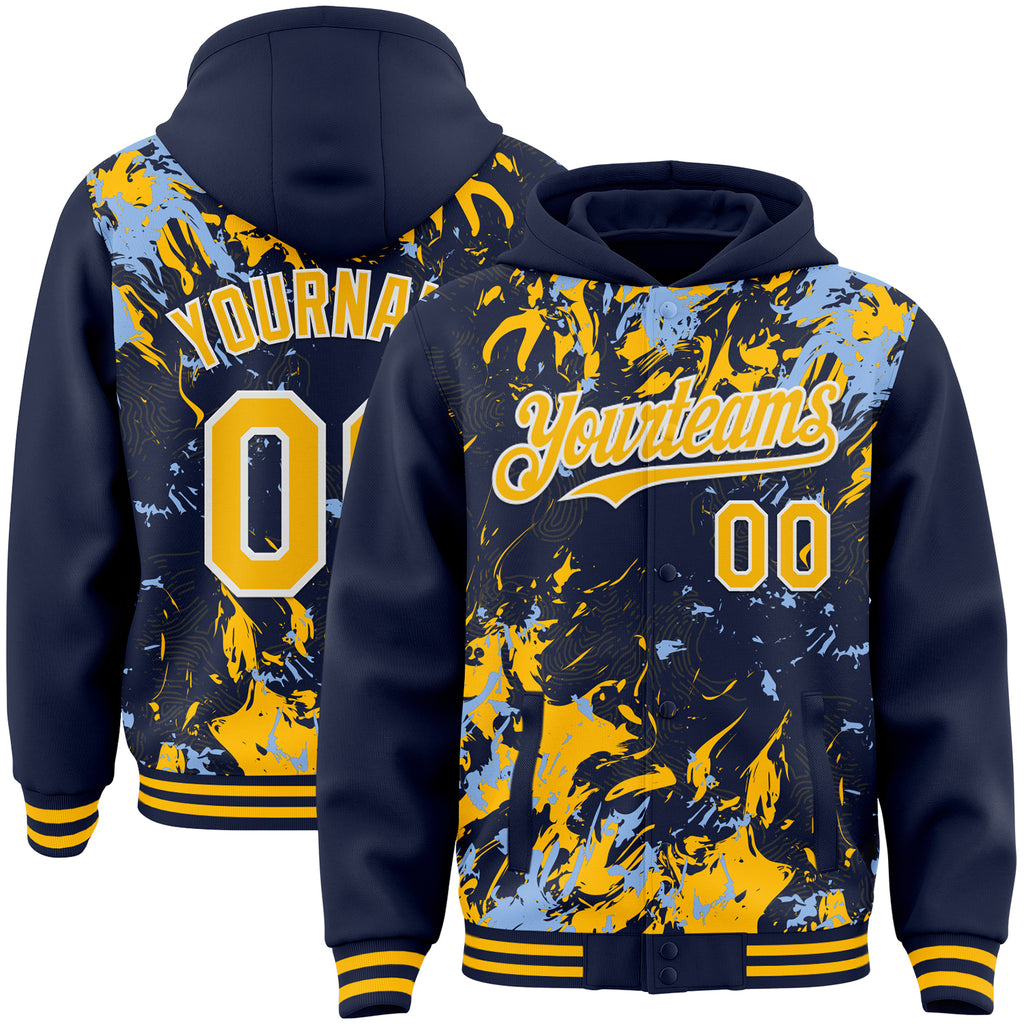 Custom Navy Gold Light Blue-White Splash 3D Pattern Design Bomber Full-Snap Varsity Letterman Hoodie Jacket