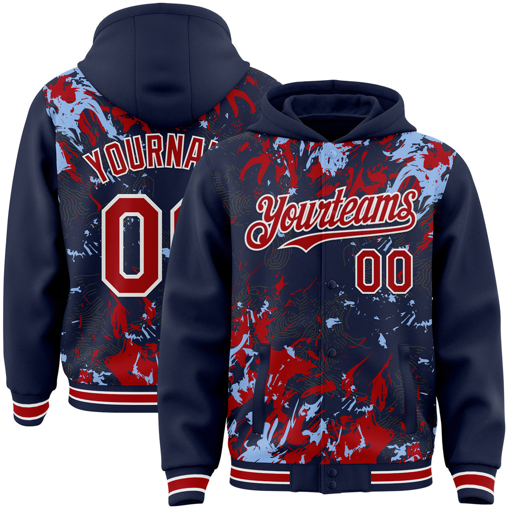 Custom Navy Red Light Blue-White Splash 3D Pattern Design Bomber Full-Snap Varsity Letterman Hoodie Jacket