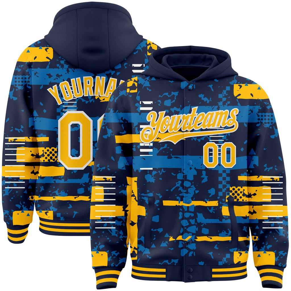 Custom Navy Gold Blue-White Abstract Fragment Shape 3D Pattern Design Bomber Full-Snap Varsity Letterman Hoodie Jacket