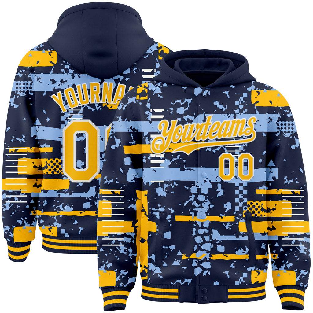 Custom Navy Gold Light Blue-White Abstract Fragment Shape 3D Pattern Design Bomber Full-Snap Varsity Letterman Hoodie Jacket