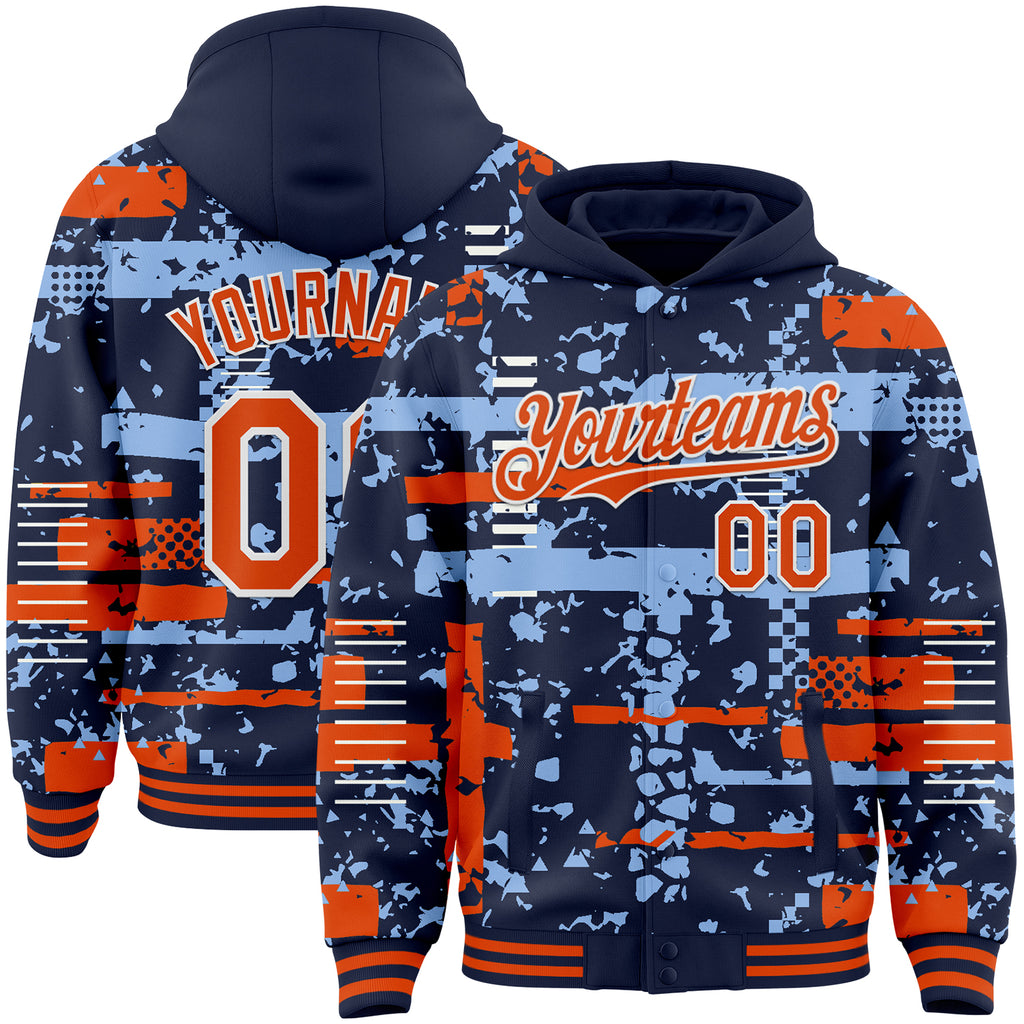 Custom Navy Orange Light Blue-White Abstract Fragment Shape 3D Pattern Design Bomber Full-Snap Varsity Letterman Hoodie Jacket