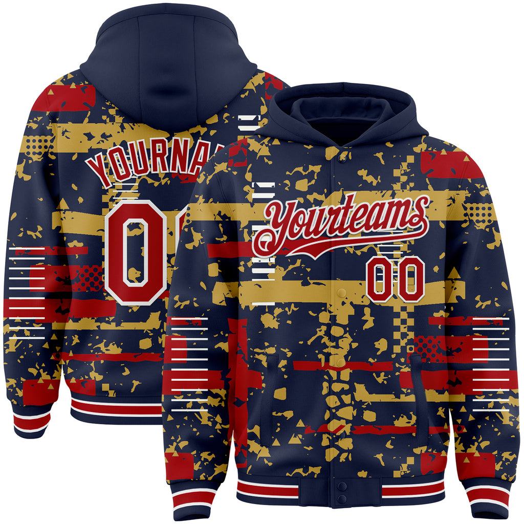 Custom Navy Red Old Gold-White Abstract Fragment Shape 3D Pattern Design Bomber Full-Snap Varsity Letterman Hoodie Jacket