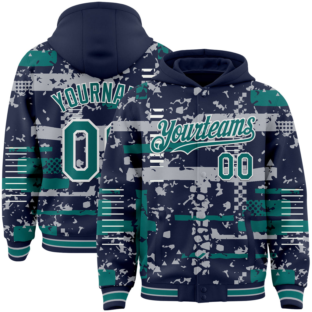 Custom Navy Teal Gray-White Abstract Fragment Shape 3D Pattern Design Bomber Full-Snap Varsity Letterman Hoodie Jacket