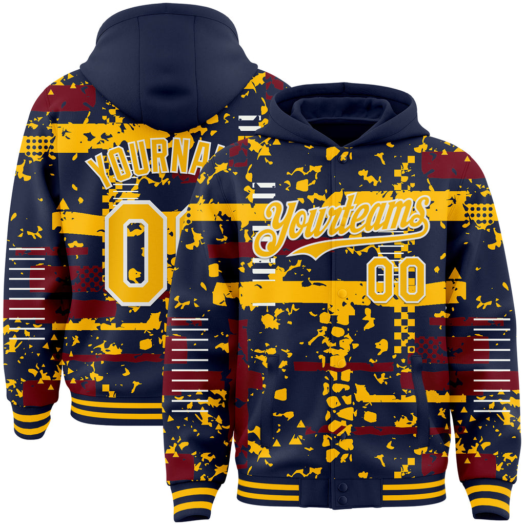 Custom Navy Gold Crimson-White Abstract Fragment Shape 3D Pattern Design Bomber Full-Snap Varsity Letterman Hoodie Jacket