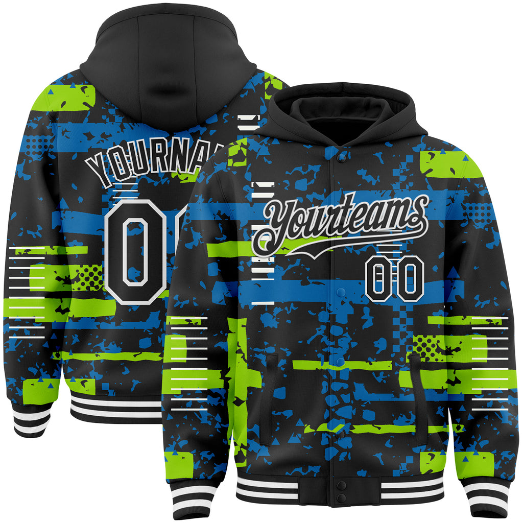 Custom Black Neon Green Blue-White Abstract Fragment Shape 3D Pattern Design Bomber Full-Snap Varsity Letterman Hoodie Jacket