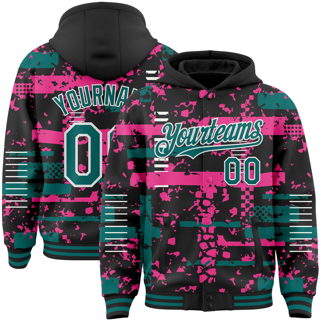 Custom Black Teal Pink-White Abstract Fragment Shape 3D Pattern Design Bomber Full-Snap Varsity Letterman Hoodie Jacket