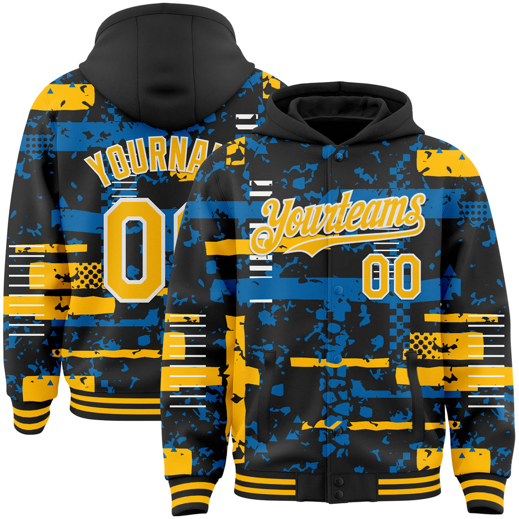 Custom Black Gold Blue-White Abstract Fragment Shape 3D Pattern Design Bomber Full-Snap Varsity Letterman Hoodie Jacket