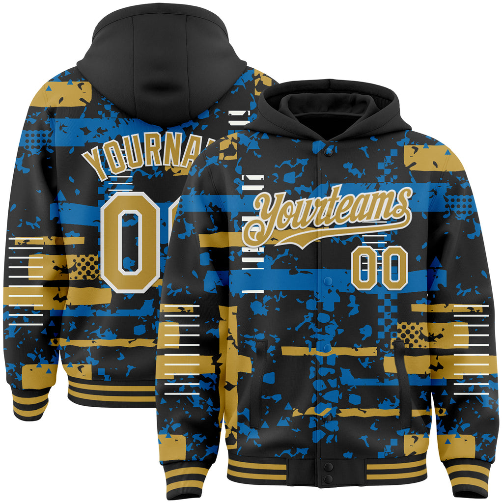 Custom Black Old Gold Blue-White Abstract Fragment Shape 3D Pattern Design Bomber Full-Snap Varsity Letterman Hoodie Jacket