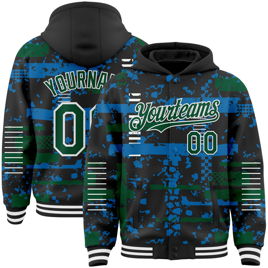 Custom Black Kelly Green Blue-White Abstract Fragment Shape 3D Pattern Design Bomber Full-Snap Varsity Letterman Hoodie Jacket