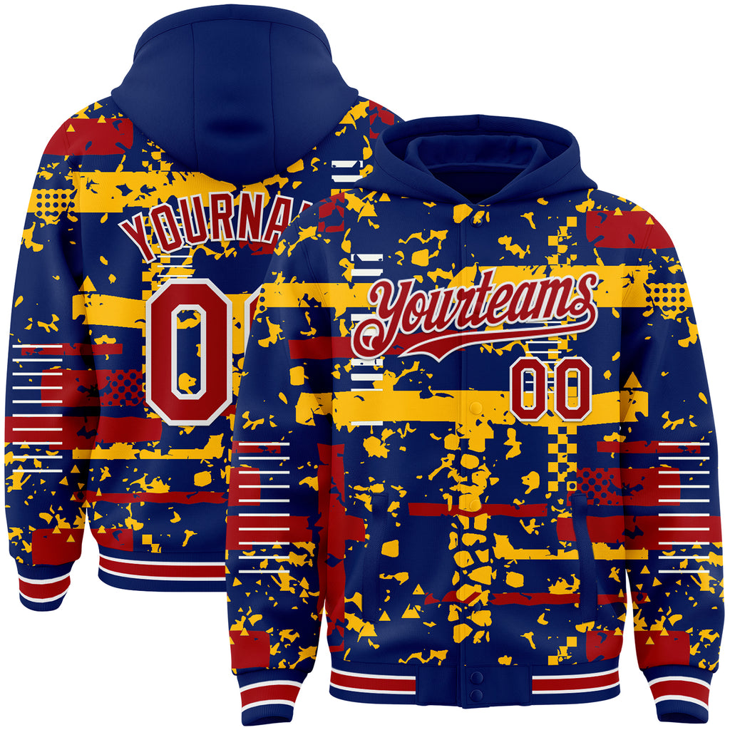 Custom Royal Red Gold-White Abstract Fragment Shape 3D Pattern Design Bomber Full-Snap Varsity Letterman Hoodie Jacket
