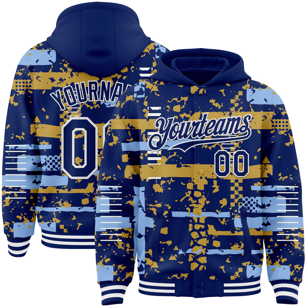 Custom Royal Light Blue Old Gold-White Abstract Fragment Shape 3D Pattern Design Bomber Full-Snap Varsity Letterman Hoodie Jacket