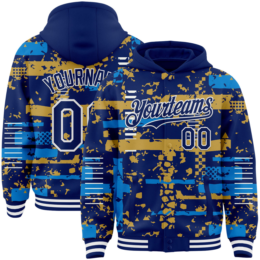 Custom Royal Powder Blue Old Gold-White Abstract Fragment Shape 3D Pattern Design Bomber Full-Snap Varsity Letterman Hoodie Jacket