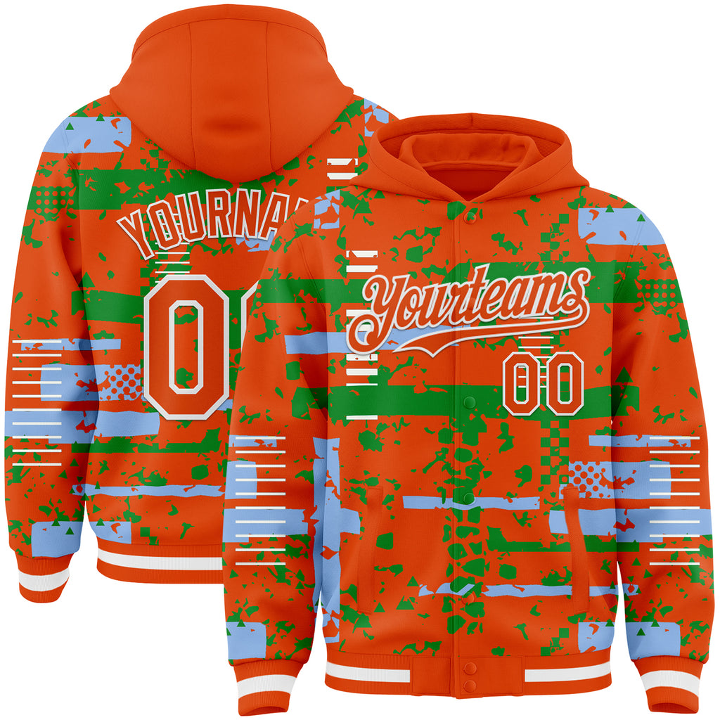 Custom Orange Light Blue Grass Green-White Abstract Fragment Shape 3D Pattern Design Bomber Full-Snap Varsity Letterman Hoodie Jacket