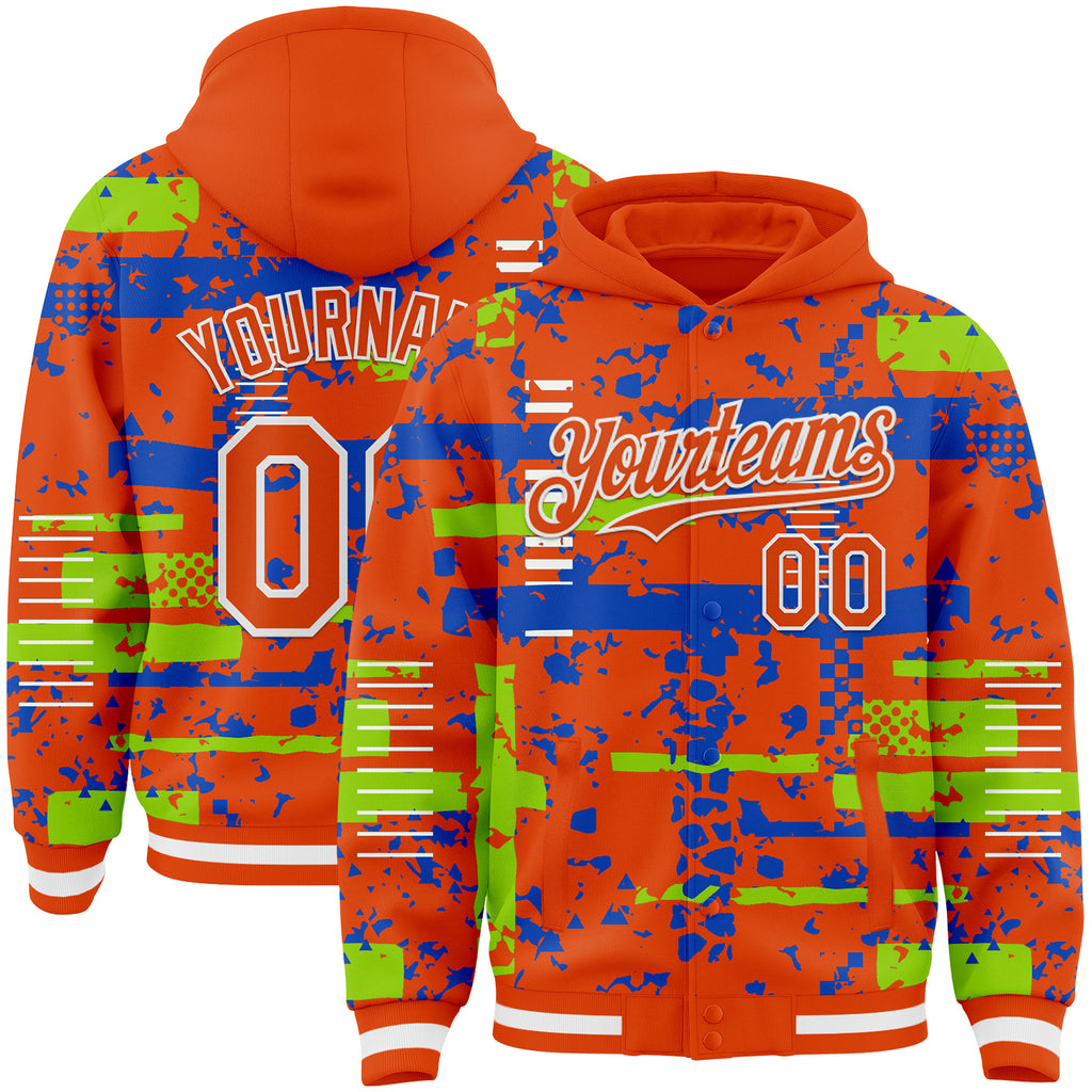 Custom Orange Neon Green Thunder Blue-White Abstract Fragment Shape 3D Pattern Design Bomber Full-Snap Varsity Letterman Hoodie Jacket