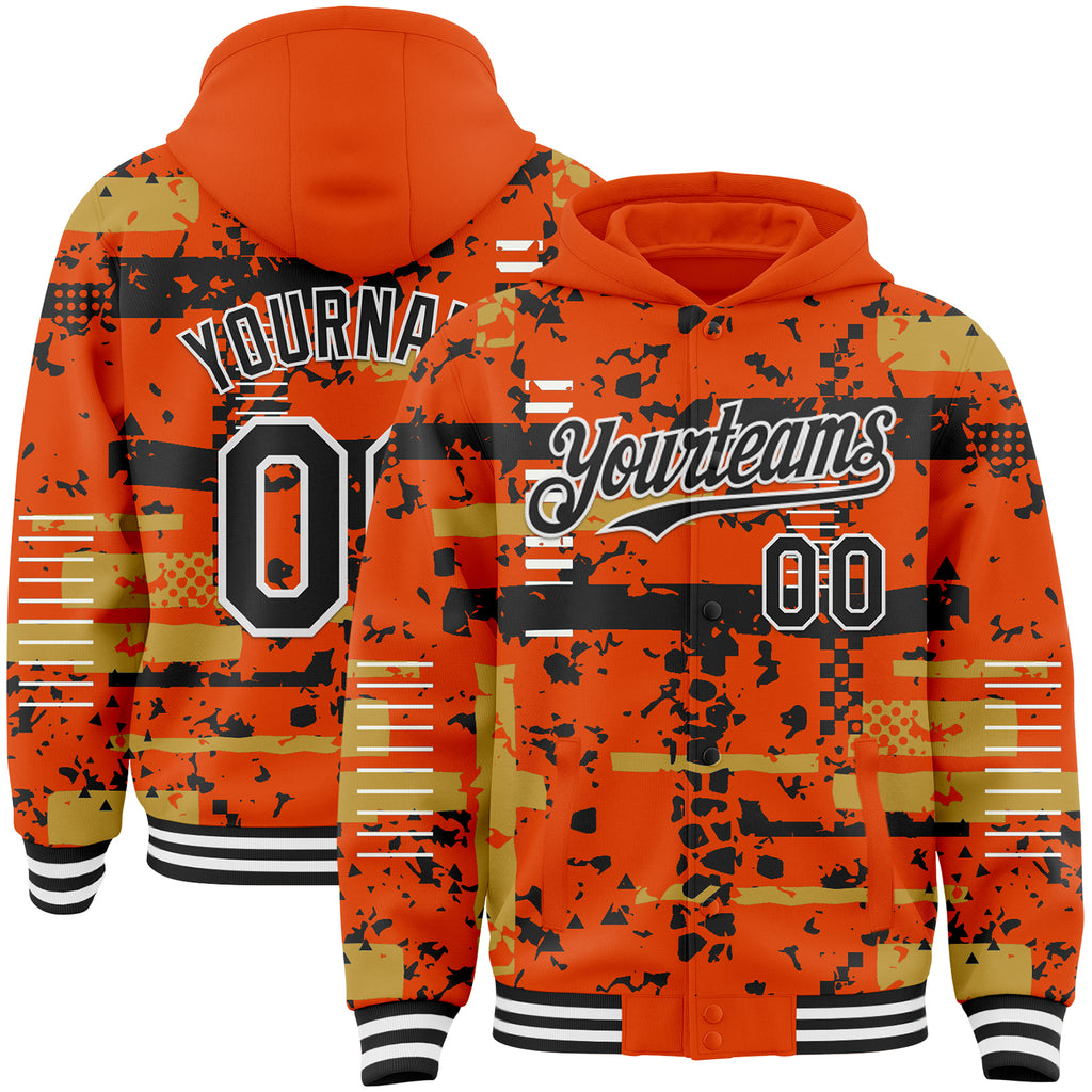 Custom Orange Black Old Gold-White Abstract Fragment Shape 3D Pattern Design Bomber Full-Snap Varsity Letterman Hoodie Jacket