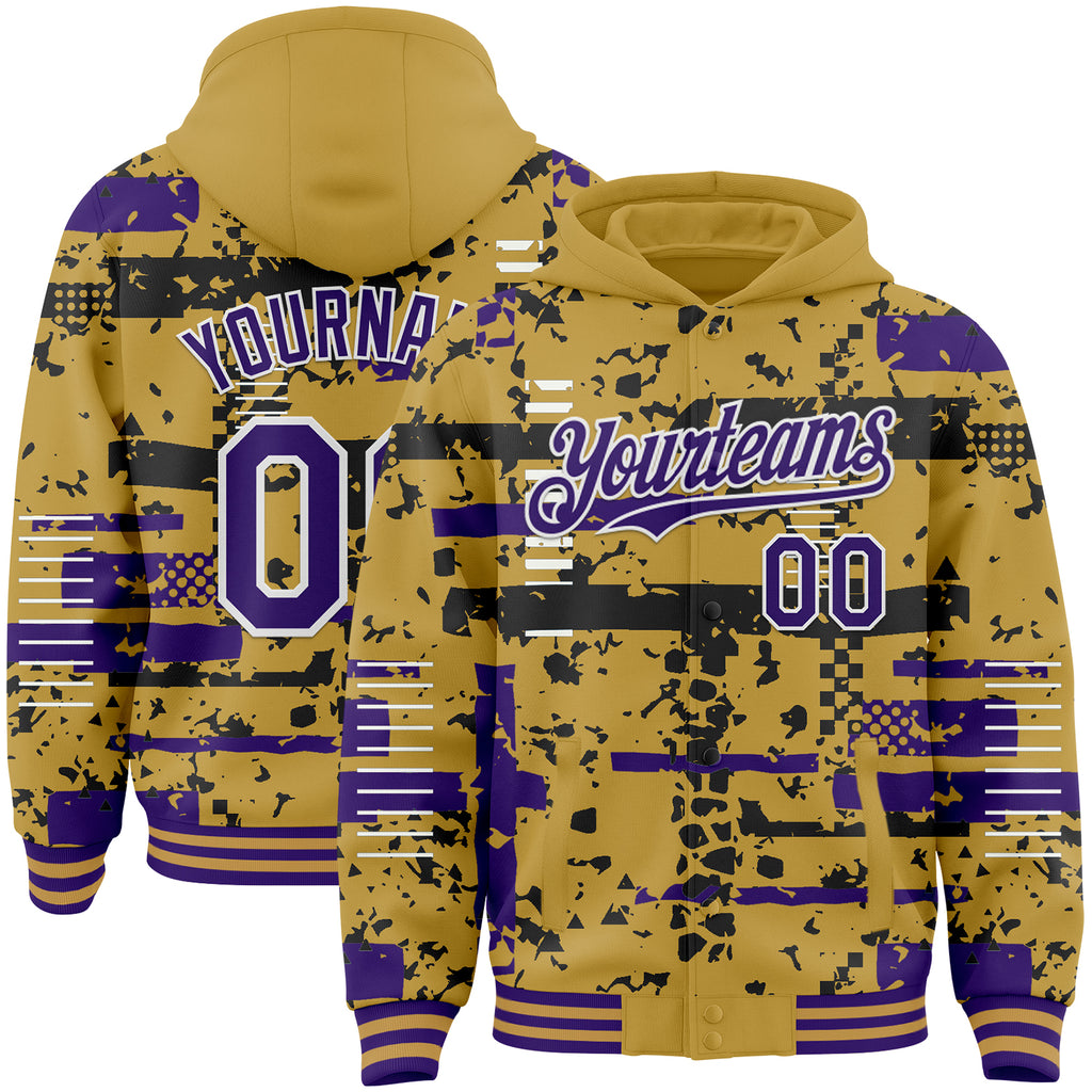 Custom Old Gold Purple Black-White Abstract Fragment Shape 3D Pattern Design Bomber Full-Snap Varsity Letterman Hoodie Jacket