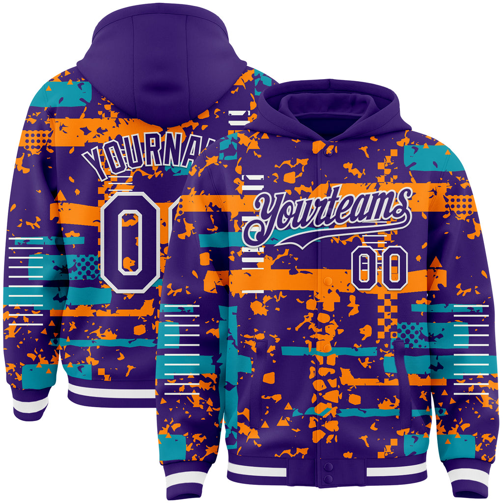 Custom Purple Teal Bay Orange-White Abstract Fragment Shape 3D Pattern Design Bomber Full-Snap Varsity Letterman Hoodie Jacket