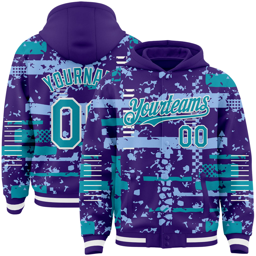 Custom Purple Teal Light Blue-White Abstract Fragment Shape 3D Pattern Design Bomber Full-Snap Varsity Letterman Hoodie Jacket