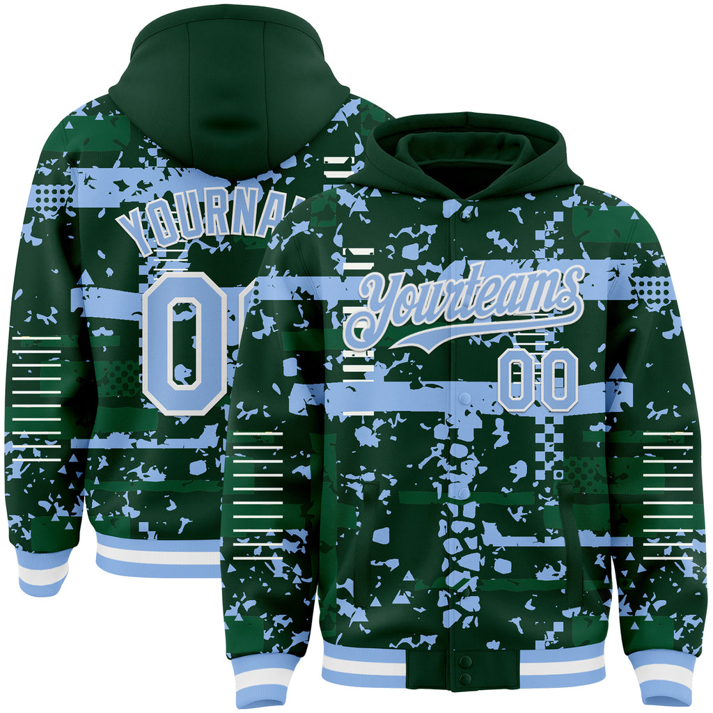 Custom Green Light Blue Kelly Green-White Abstract Fragment Shape 3D Pattern Design Bomber Full-Snap Varsity Letterman Hoodie Jacket