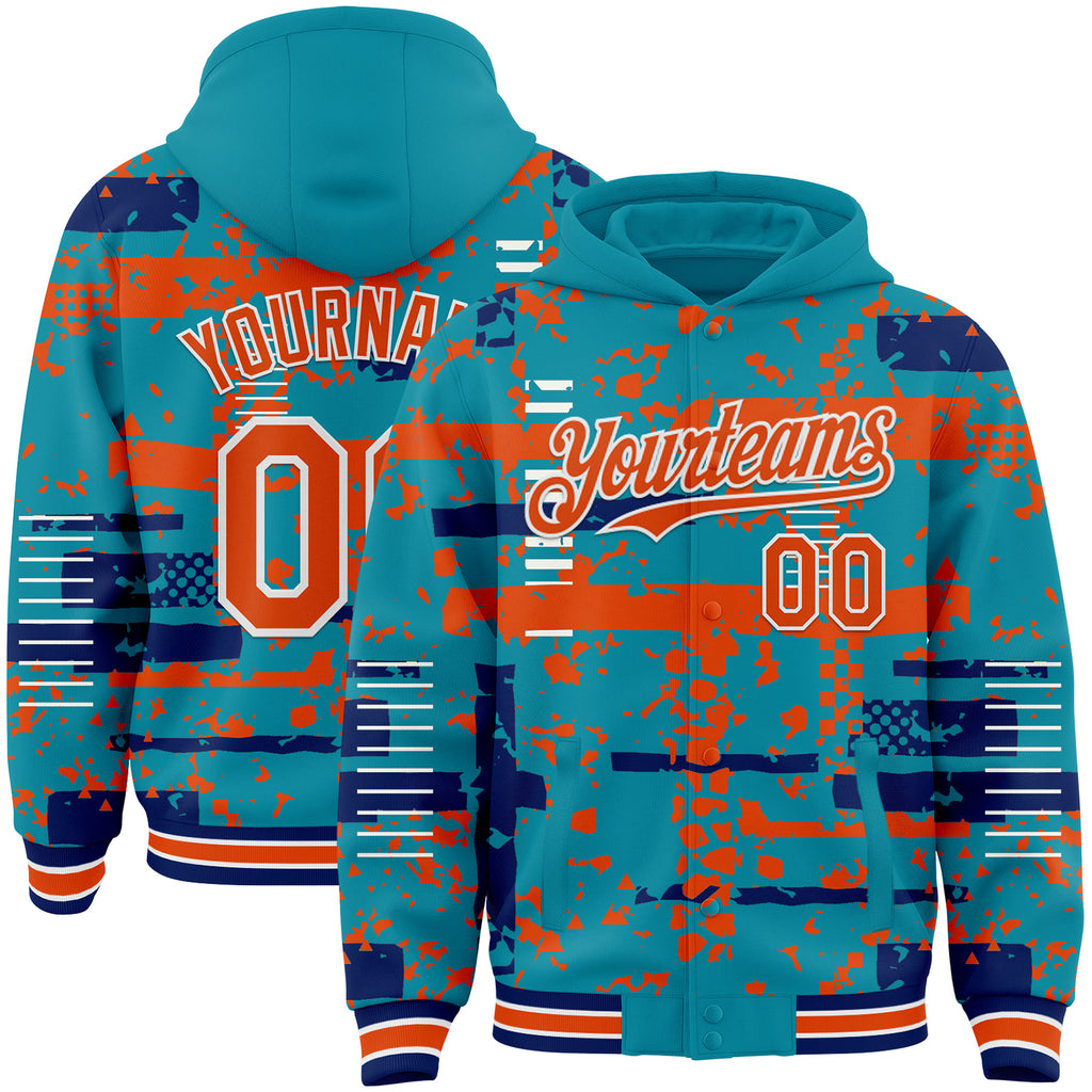 Custom Teal Orange Royal-White Abstract Fragment Shape 3D Pattern Design Bomber Full-Snap Varsity Letterman Hoodie Jacket