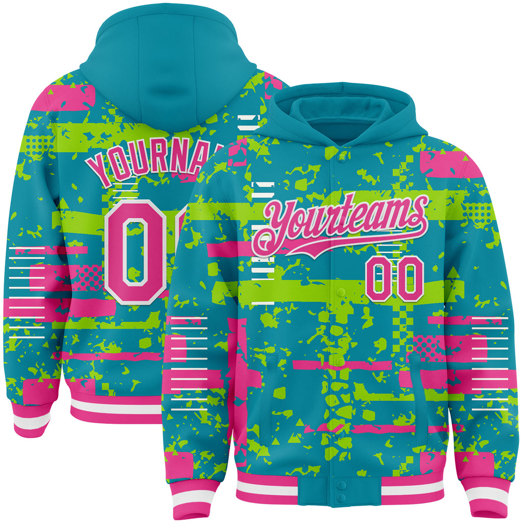 Custom Teal Pink Neon Green-White Abstract Fragment Shape 3D Pattern Design Bomber Full-Snap Varsity Letterman Hoodie Jacket