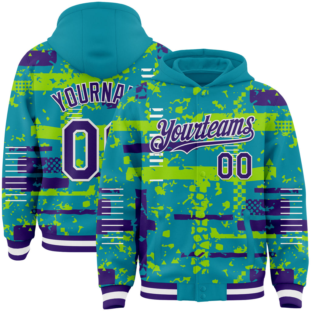 Custom Teal Purple Neon Green-White Abstract Fragment Shape 3D Pattern Design Bomber Full-Snap Varsity Letterman Hoodie Jacket