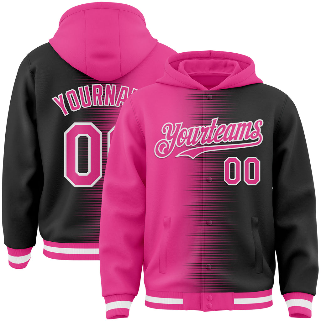 Custom Pink Black-White Gradient Line Bomber Full-Snap Varsity Letterman Hoodie Jacket