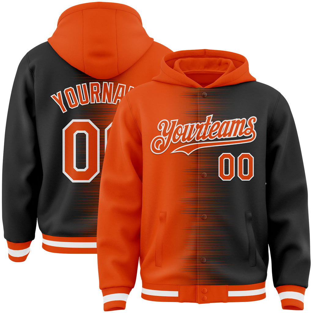 Custom Orange Black-White Gradient Line Bomber Full-Snap Varsity Letterman Hoodie Jacket