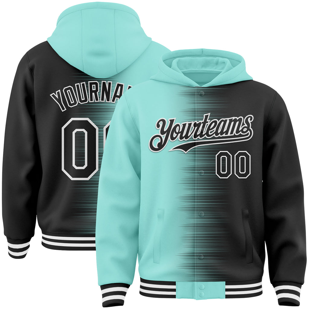 Custom Ice Blue Black-White Gradient Line Bomber Full-Snap Varsity Letterman Hoodie Jacket