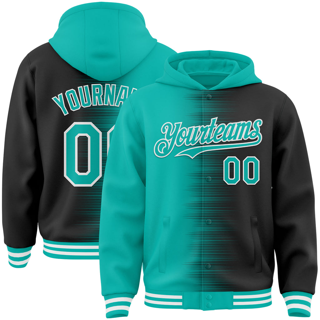 Custom Aqua Black-White Gradient Line Bomber Full-Snap Varsity Letterman Hoodie Jacket