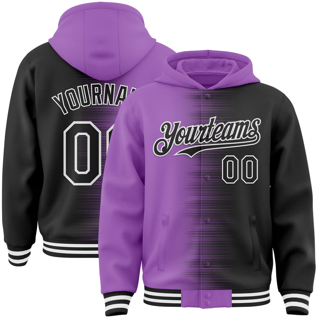 Custom Medium Purple Black-White Gradient Line Bomber Full-Snap Varsity Letterman Hoodie Jacket